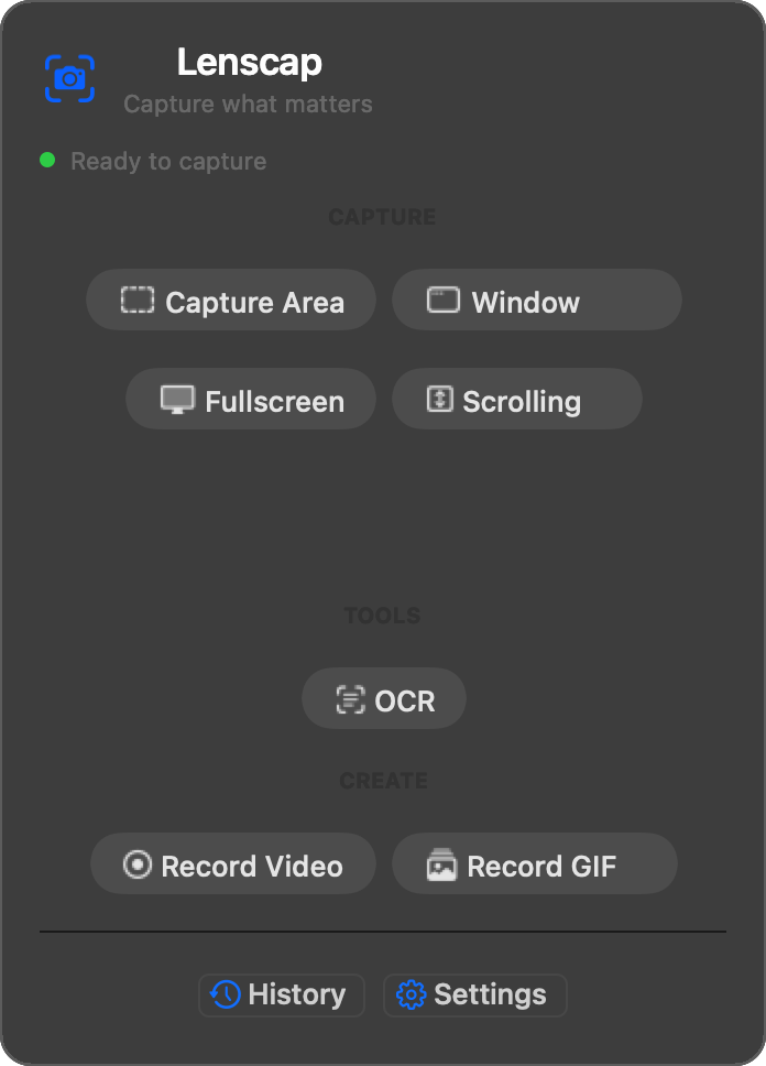 Lenscap’s native menu with area, window, full-screen, OCR, video and GIF capture controls